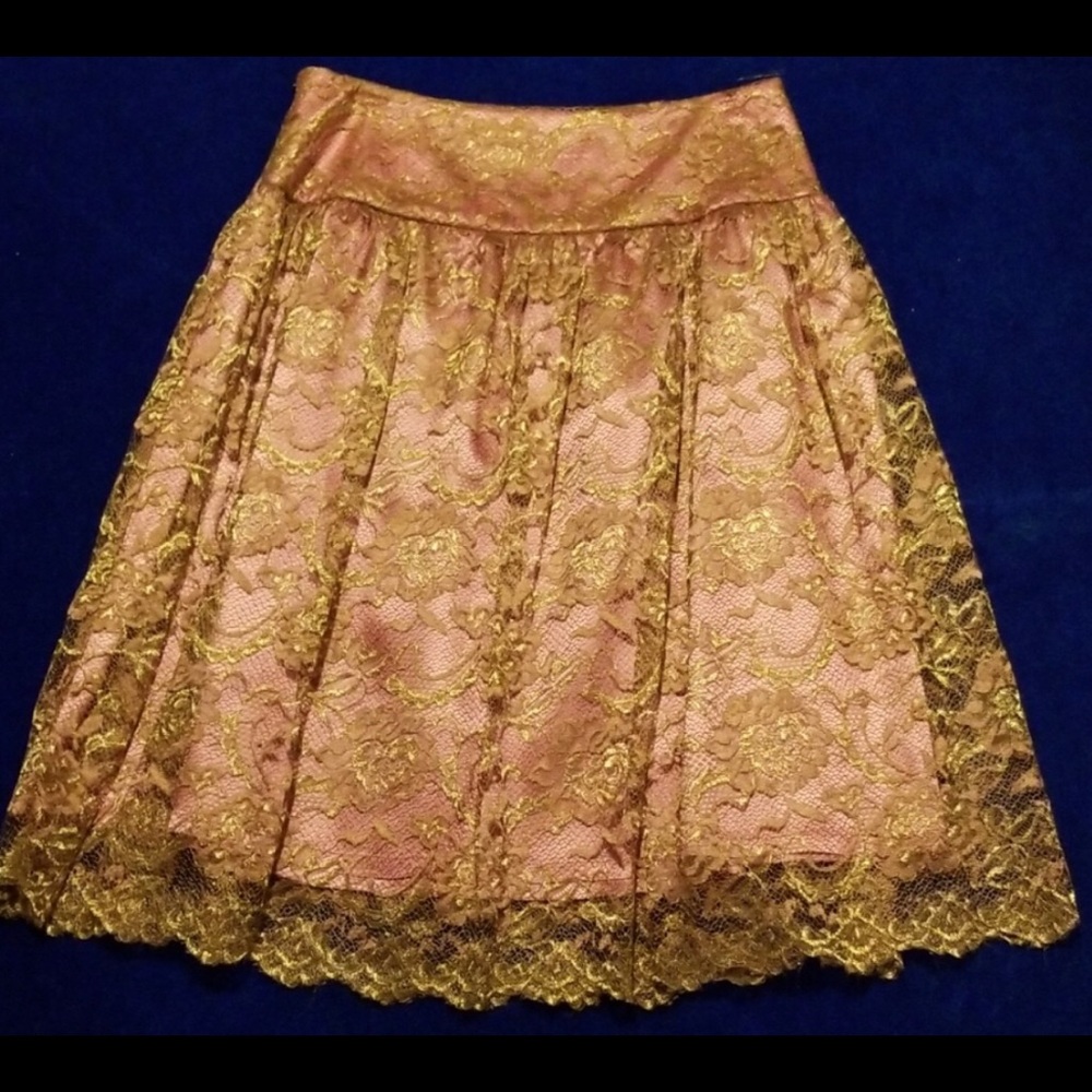Trina Turk Gold Metallic Lace Overlay Pink Skirt - Size 6